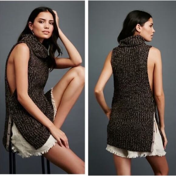 Free People Brown Chunky Sleeveless Turtleneck Sweater Tunic - Picture 1 of 5